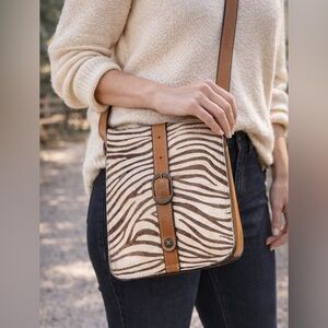 Patricia Nash Venezia Zebra Calf Hair Crossbody Bag Leather Western Safari Chic